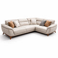 Canapé angle cuir beige avec pieds bois et coussins