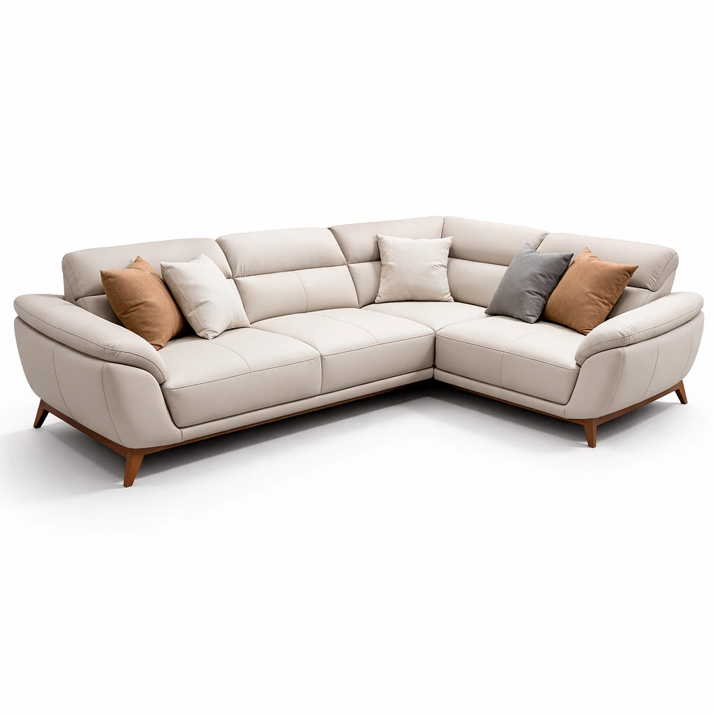 Canapé angle cuir beige avec pieds bois et coussins