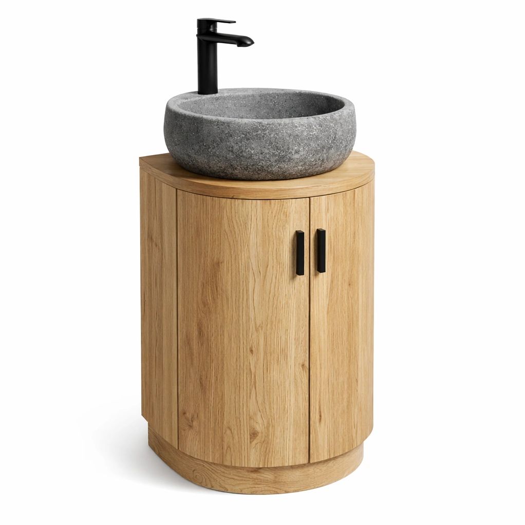 Meuble lavabo bois clair avec vasque pierre ronde