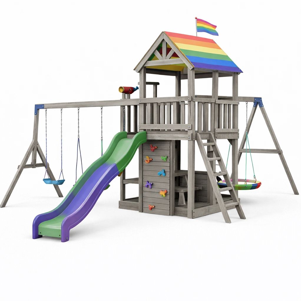 Aire de jeux extérieure avec toboggan et balançoires