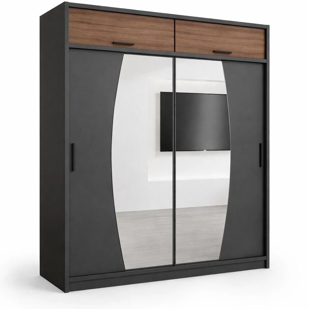 Armoire coulissante noire avec miroir et tiroirs supérieurs