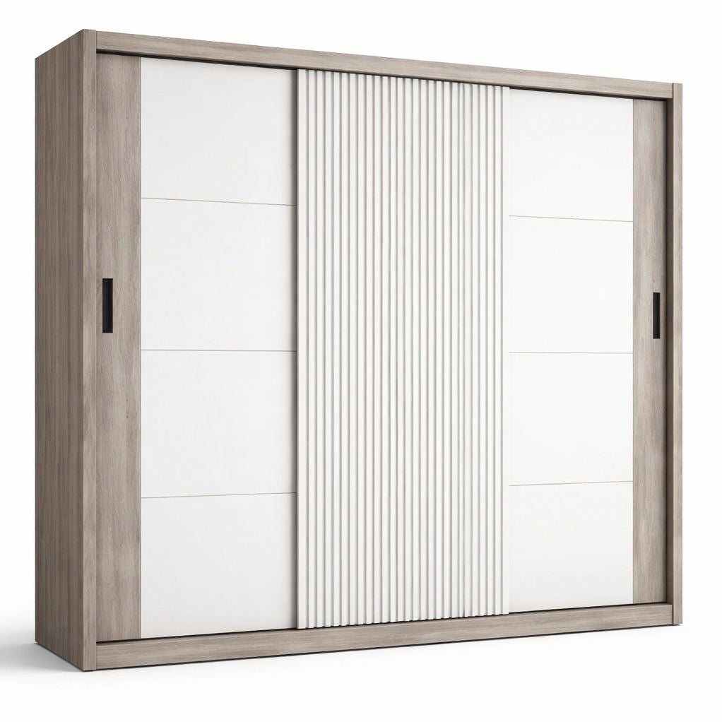 Armoire coulissante moderne finition bois et panneaux blancs