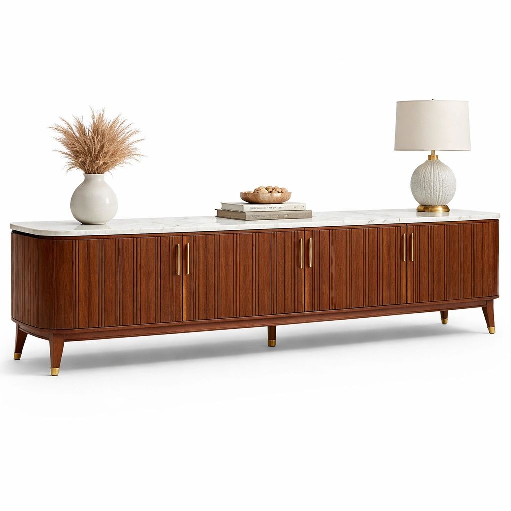 Meuble TV bois avec portes multiples et plateau marbre