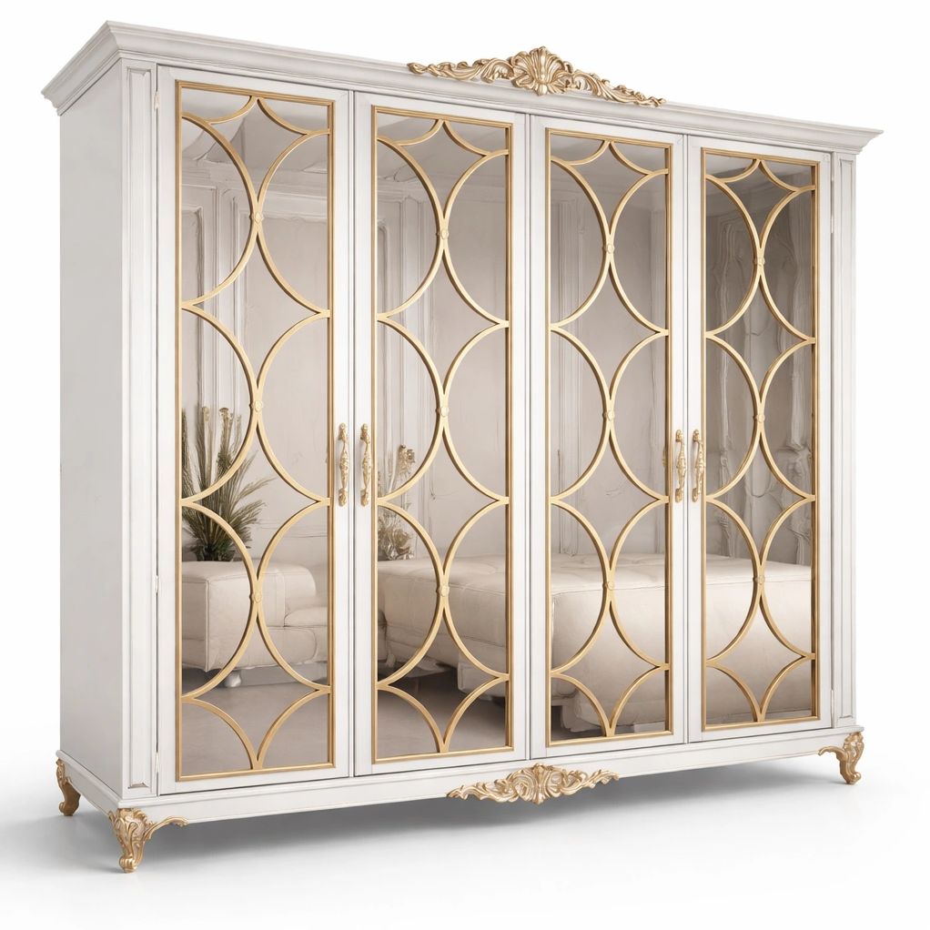 Armoire luxe blanche avec portes vitrées décor doré