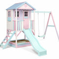 Maison de jeu pastel avec toboggan et bac à sable