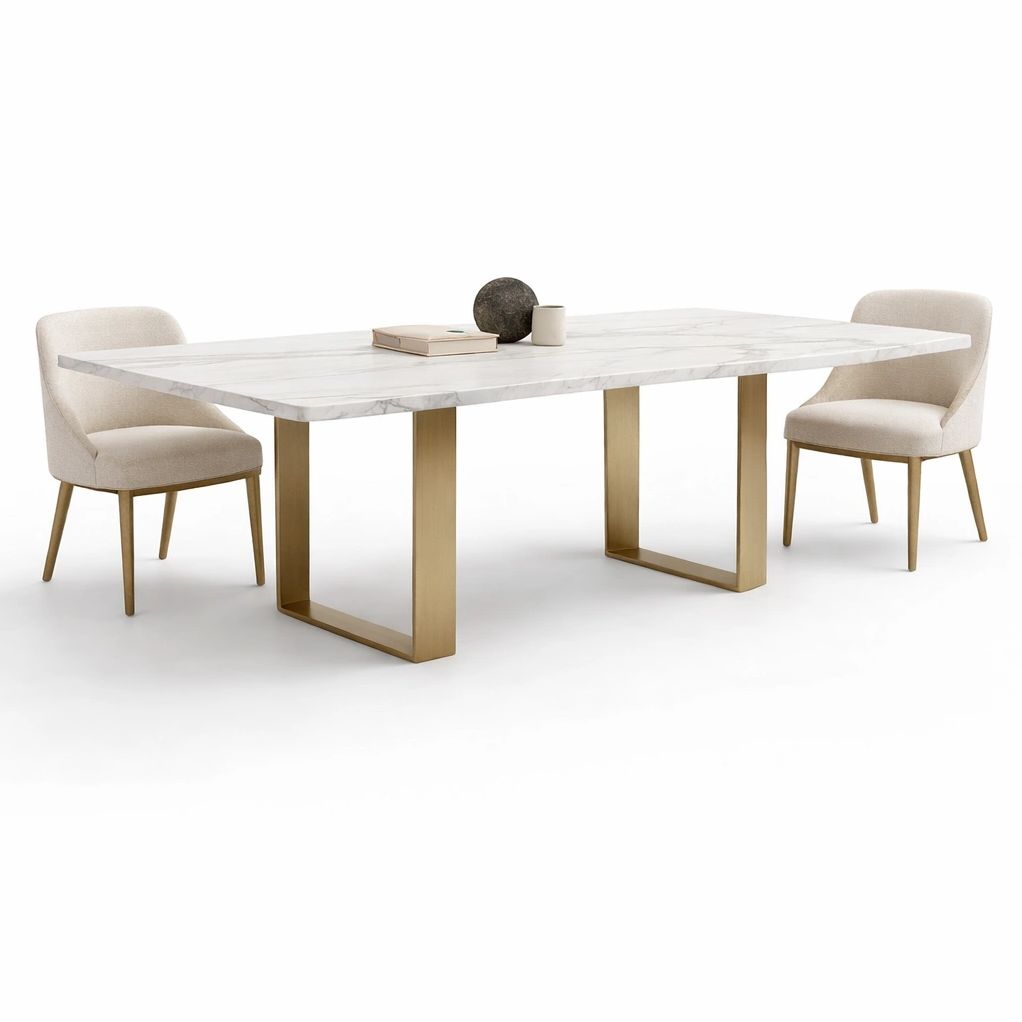 Table repas marbre avec pieds mtal dor et chaises