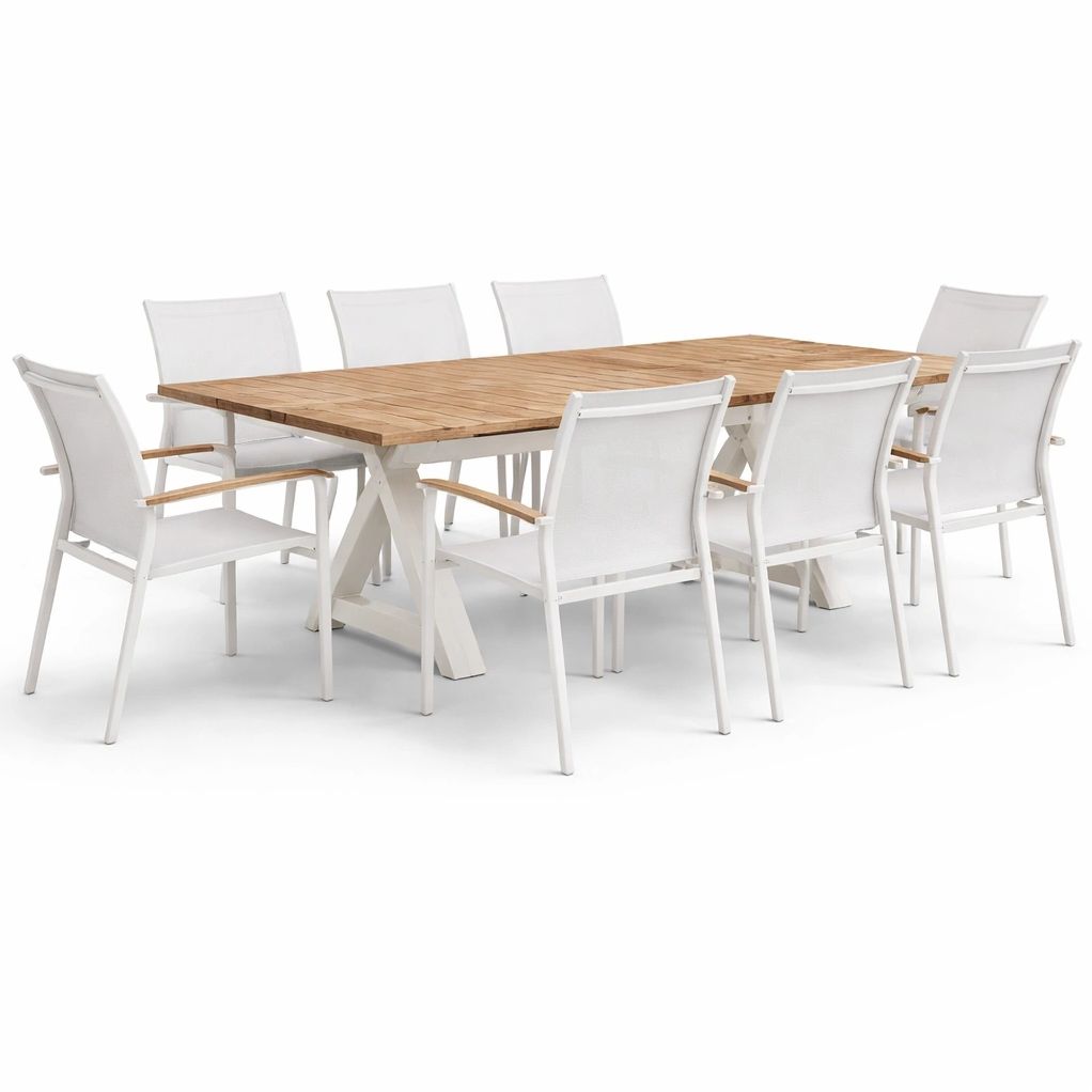 Table repas extérieur bois avec chaises aluminium blanc