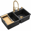 Évier cuisine double bac granit noir avec accessoires