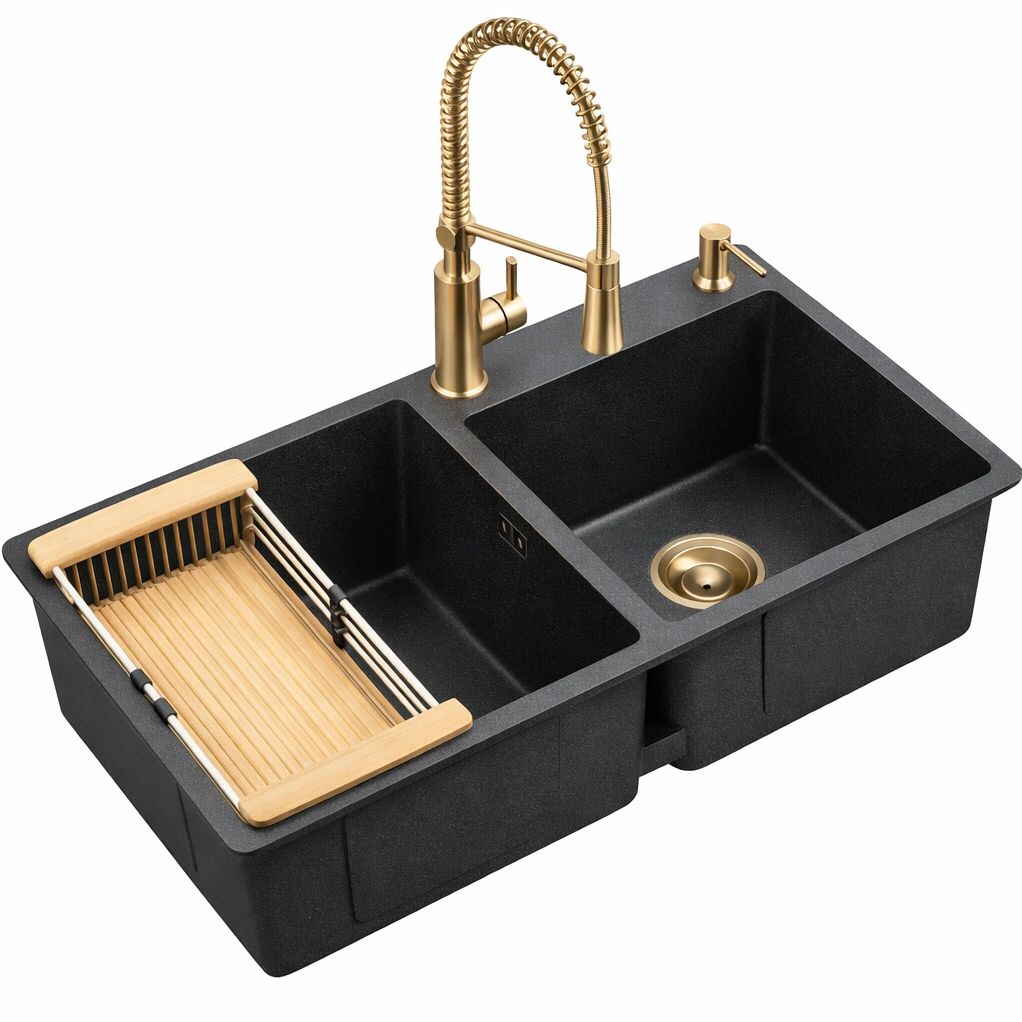 vier cuisine double bac granit noir avec accessoires