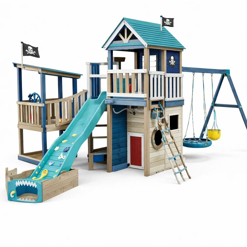 Aire de jeux bois thème pirate avec toboggan et balançoires
