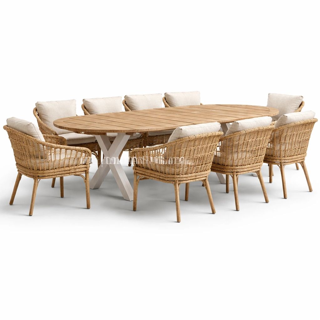 Ensemble repas jardin bois et rotin avec table extensible