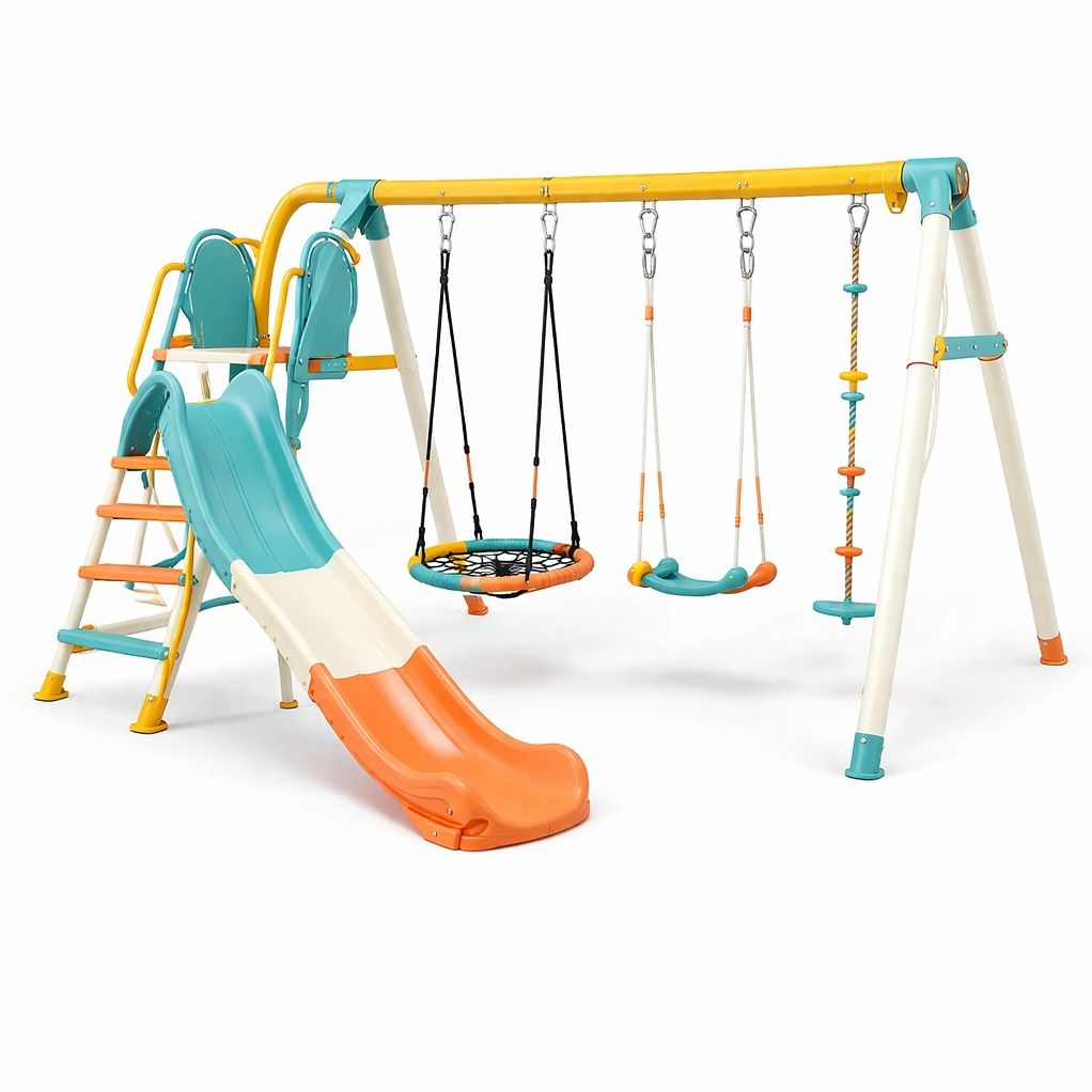 Aire de jeux métal avec toboggan et multiples balançoires