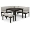 Ensemble repas compact avec banquette tissu et table bois