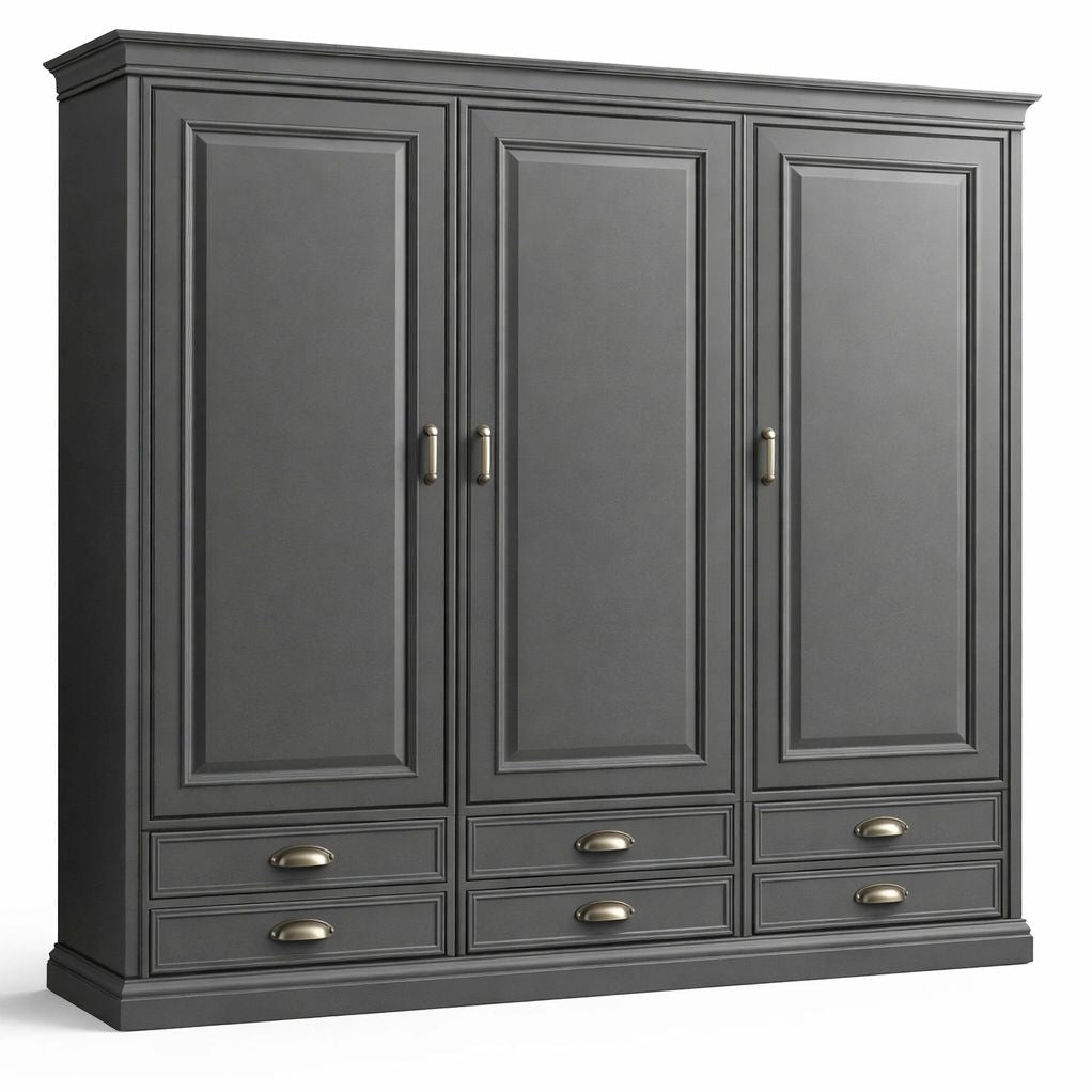 Armoire classique grise avec tiroirs et portes battantes