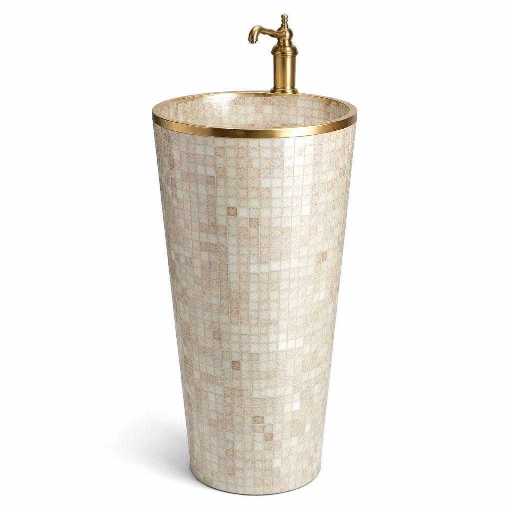 Vasque colonne mosa?que beige avec robinet dor