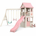 Maison de jeu bois rose avec toboggan et balançoires