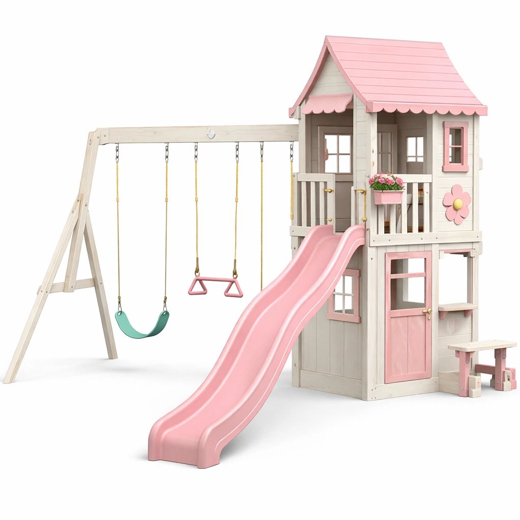 Maison de jeu bois rose avec toboggan et balançoires