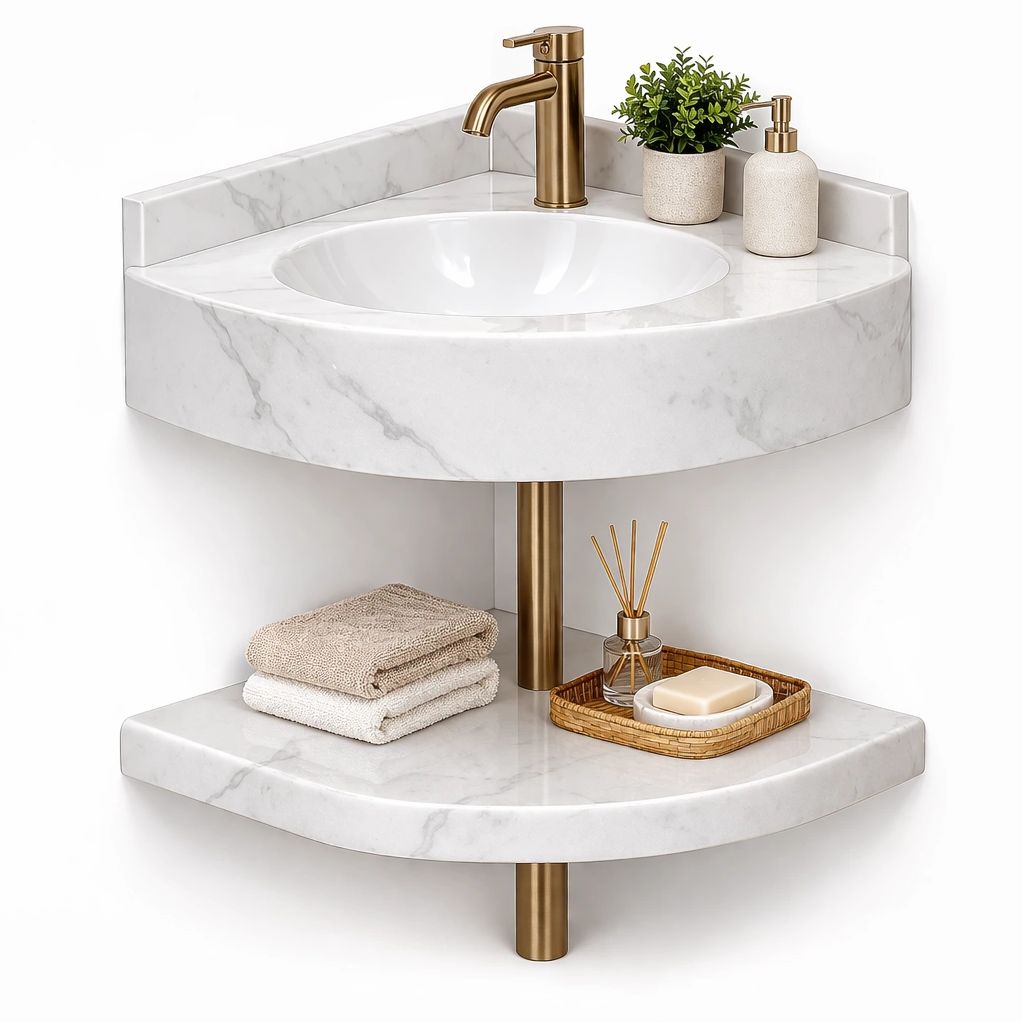 Lavabo angle marbre avec tagre infrieure et robinet dor
