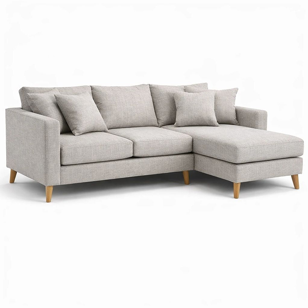 Canapé angle tissu gris avec méridienne et coussins