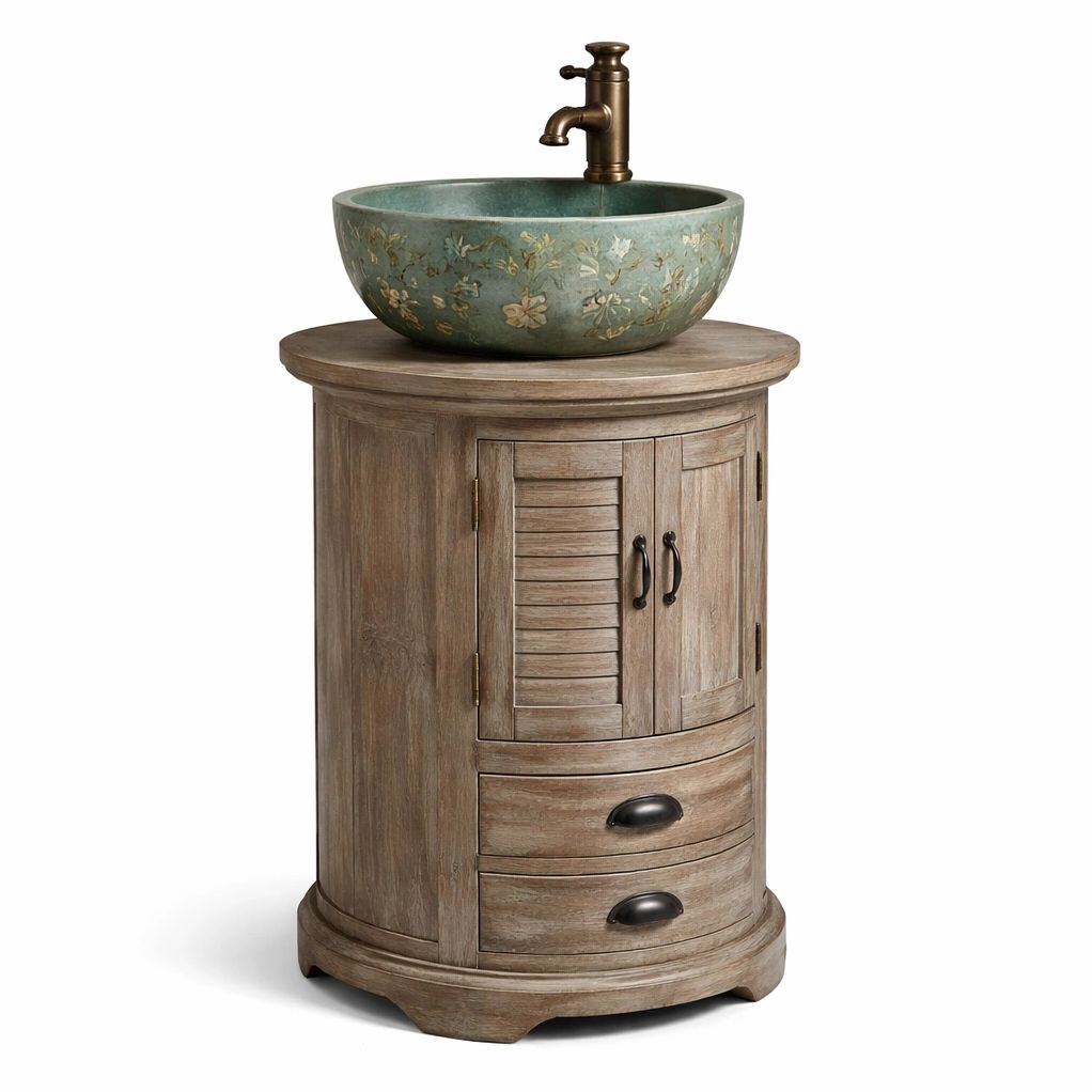 Meuble lavabo bois avec vasque cramique verte dcor floral