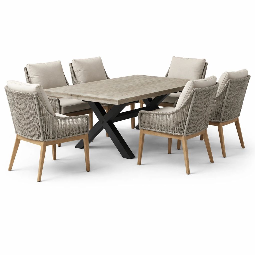 Table repas moderne bois avec chaises cordage et métal